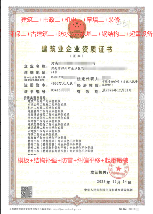 现成几十套资质找河南六合